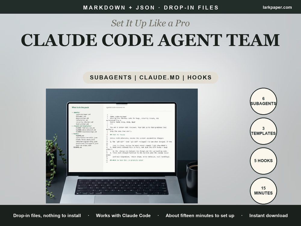 Cover image for Claude Code Agent Team Starter Pack, 6 Subagents 3 CLAUDE.md Templates 5 Hooks, Code Review Debugger Docs Writer, Developer Template Pack