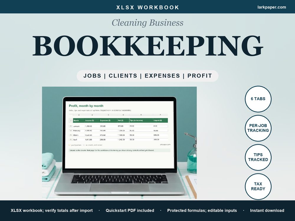 Cover image for Cleaning Business Spreadsheet Template, House Cleaner Bookkeeping, Client Job Income Expense Mileage Tracker, Excel Google Sheets
