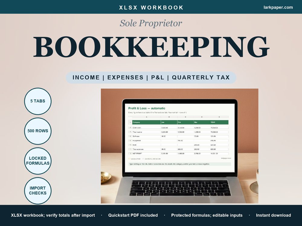 Cover image for Small Business Bookkeeping and Tax Spreadsheet, Sole Proprietor Income Expense Tracker, Profit and Loss, Excel Google Sheets Template