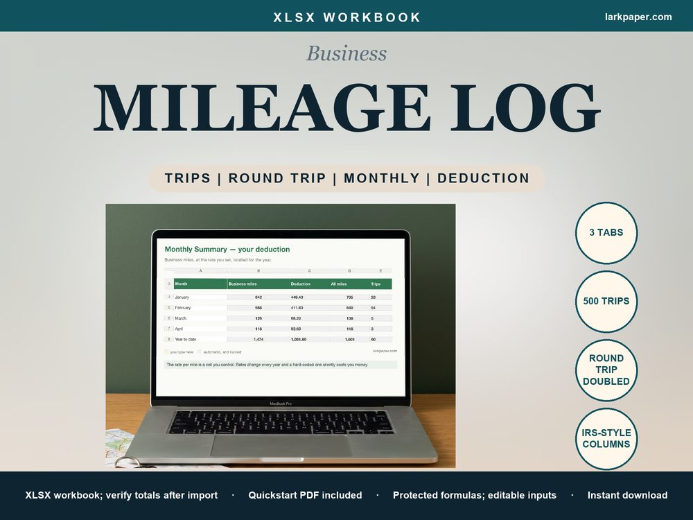 Cover image for Mileage Tracker Tax Deduction Spreadsheet, Mileage Log Book Business Driving Log, Monthly Deduction Summary, Excel Google Sheets