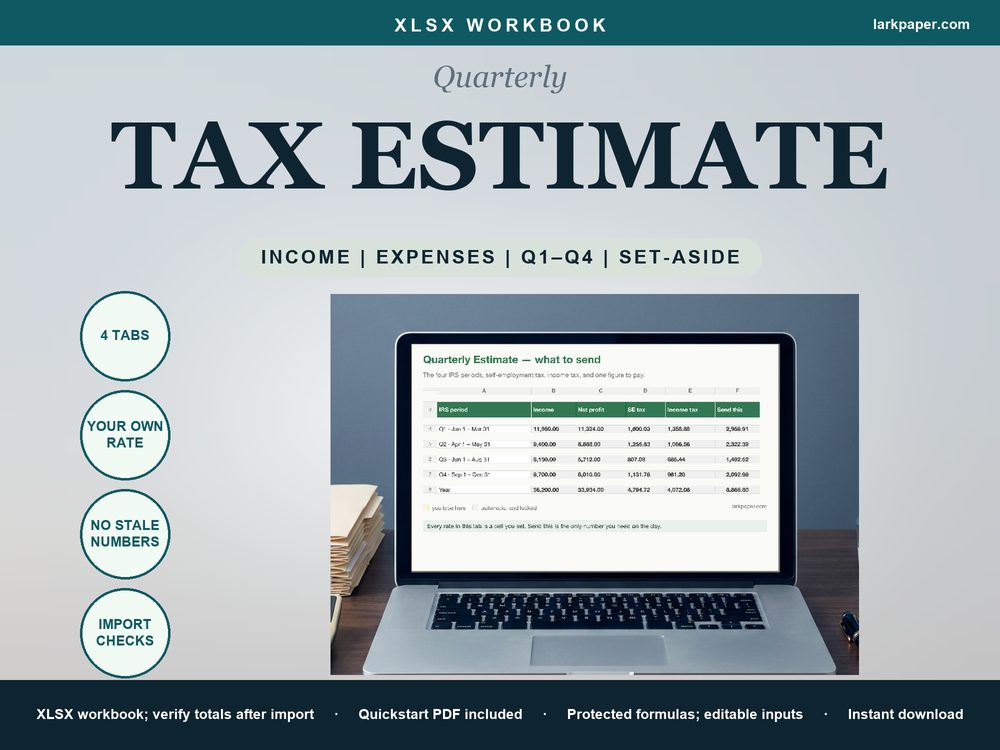 Cover image for Quarterly Tax Spreadsheet 1099 Self Employed, Estimated Tax Calculator, Set Aside Payment Tracker, Excel Google Sheets Template