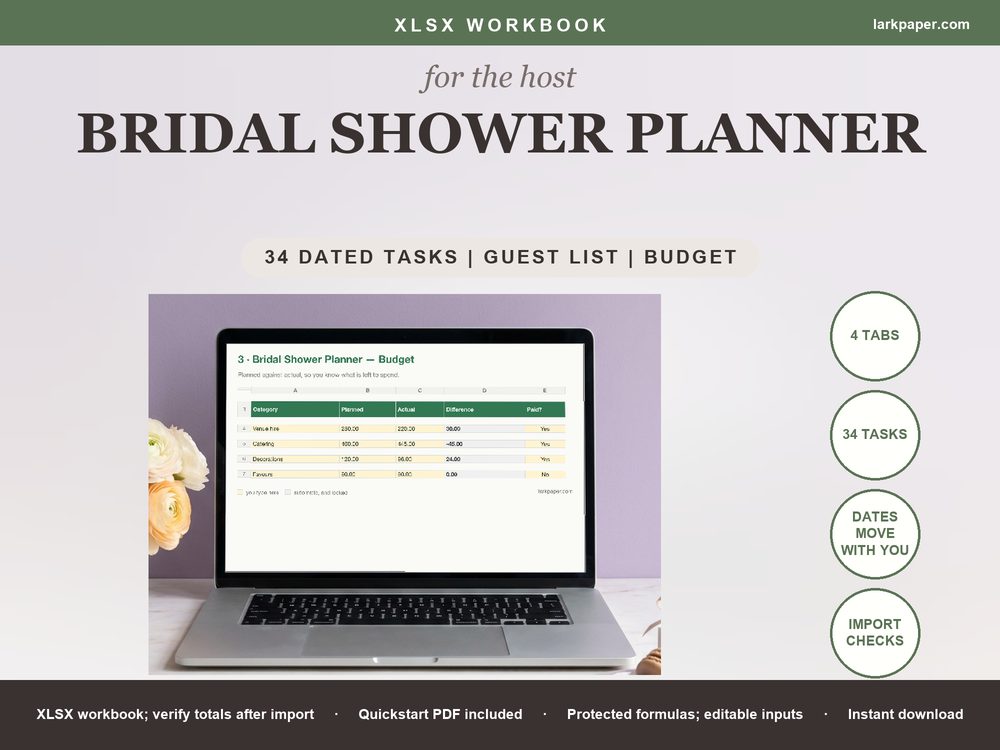 Cover image for Bridal Shower Planner Spreadsheet, Bridal Shower Checklist, Guest List Budget Tracker Maid of Honor, Excel Google Sheets Template