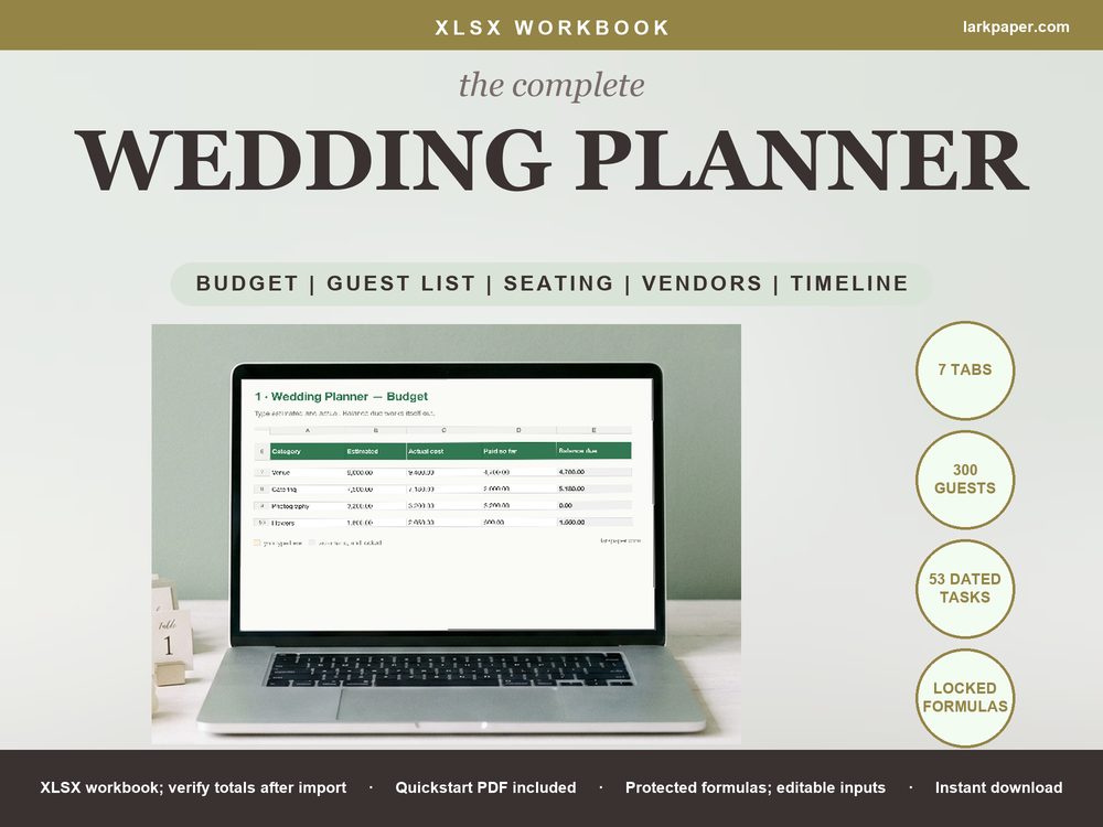 Cover image for Wedding Spreadsheet Planner, Wedding Budget Tracker Guest List Seating Chart Vendor Timeline Checklist, Excel Google Sheets Template