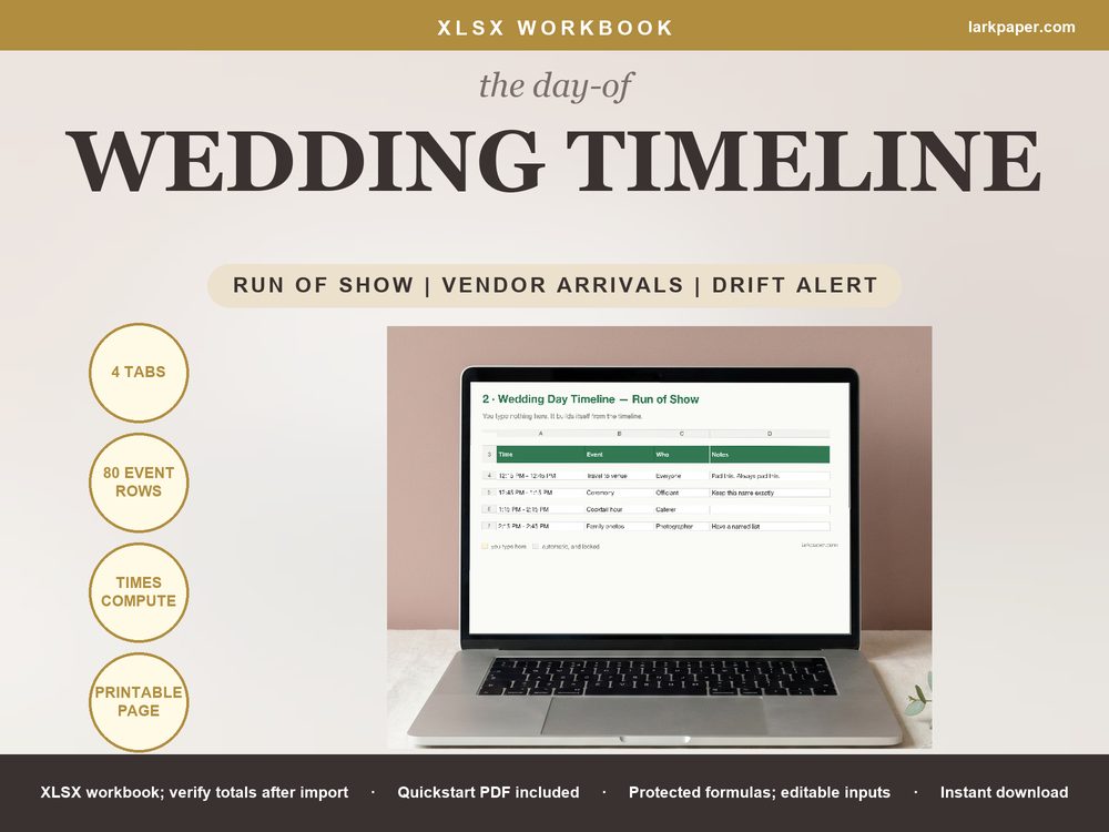 Cover image for Wedding Day Timeline Sheet, Wedding Run of Show, Vendor Arrival Schedule Ceremony Drift Tracker, Excel Google Sheets Template
