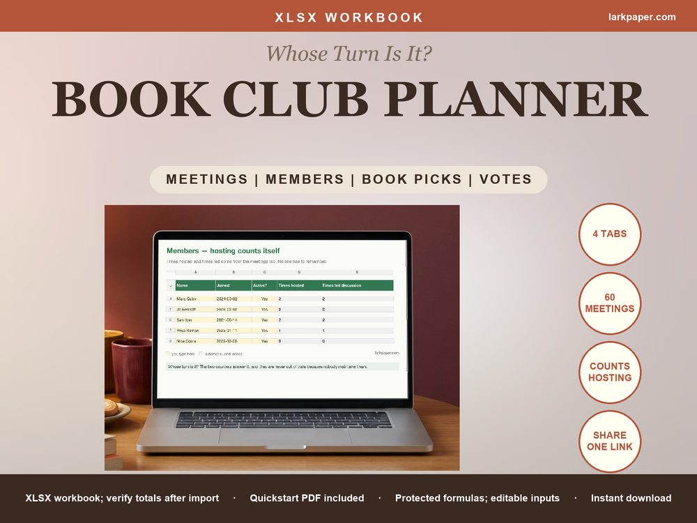 Cover image for Book Club Planner Spreadsheet, Book Club Meeting Schedule, Host Rotation Member Tracker Book Picks Voting, Excel Google Sheets