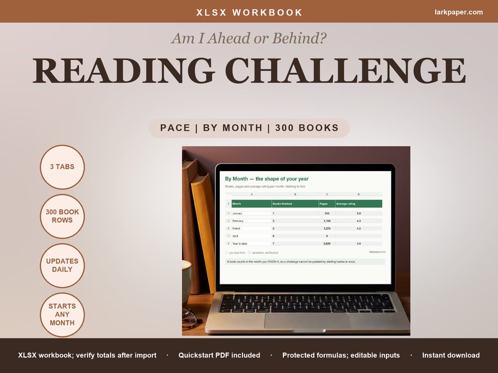 Cover image for Reading Tracker Spreadsheet, Reading Challenge Yearly Book Goal Pace, Ahead or Behind Book Log by Month, Excel Google Sheets Template